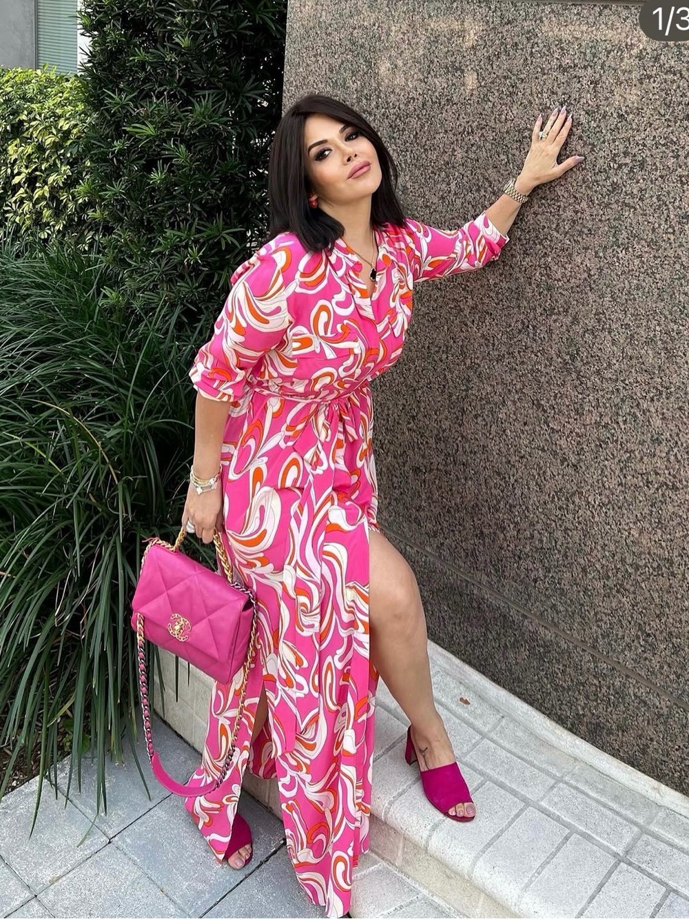 L'AGENCE Pink  & White Swirl Maxi Shirt Dress